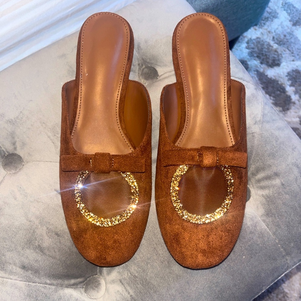 Chocolate brown rhinestone flats